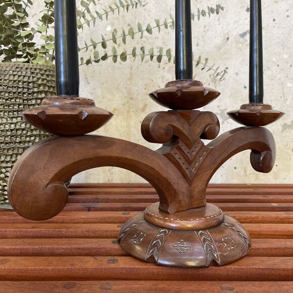 Vintage European Hand Carved Wooden Candelabra - Picture 7 of 10